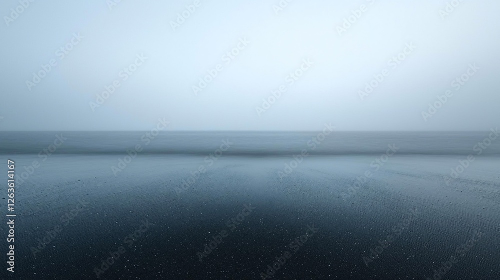 Fototapeta premium Misty beach sunrise, calm ocean, dark sand, peaceful scene, nature background