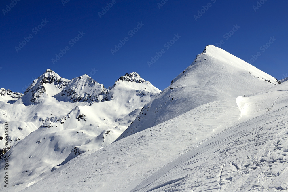 Punta Fallnere (2763 m) in winter belongs to the Chamois ski area in the Alps, Aosta Valley, Italy