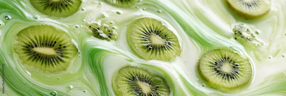 Refreshing green milk with kiwi ripples and floating sliced kiwi pieces for a vibrant banner Refreshing green milk with kiwi ripples and floating sliced kiwi pieces for a vibrant banner