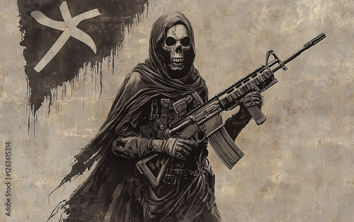 Graphic Illustration of a Hooded Figure Holding a Rifle in a Bold, Stylized Composition with Military and Tactical Themes in a Dramatic Art Style