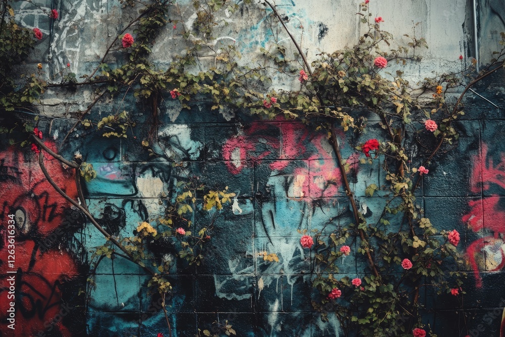Obraz premium A graffiti - covered wall with vines and flowers growing chaotically over it