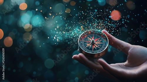   A person holding a compass in front of a blurry image of a bottle of lights