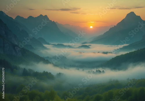 Nebelverhangene Täler und Berge vor einem Sonnenaufgang in der Ferne photo