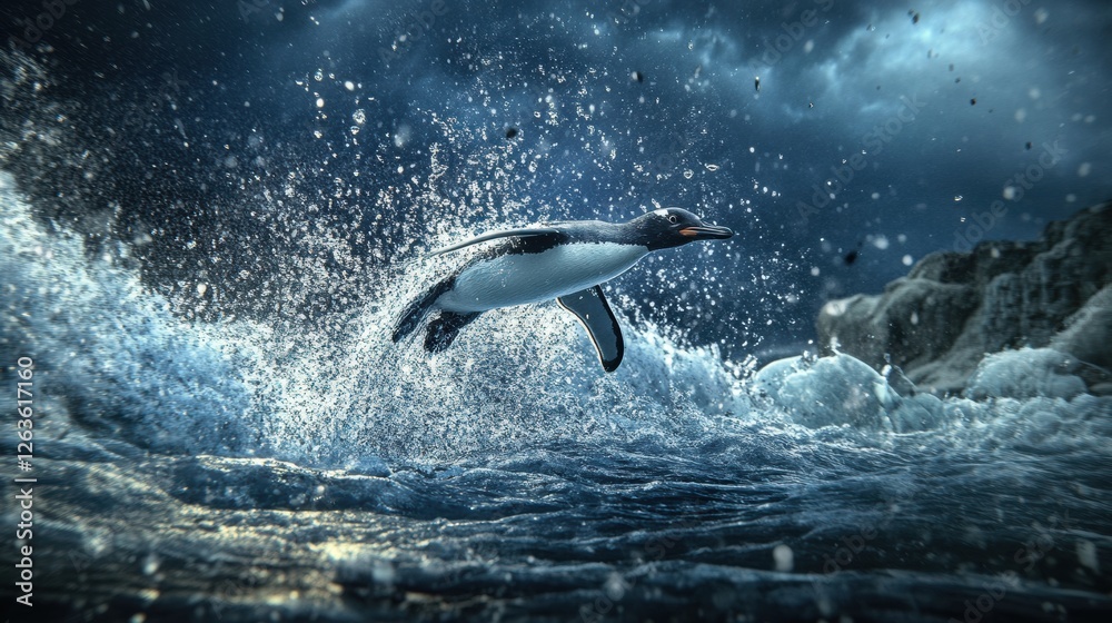 Obraz premium Penguin Diving into Icy Waters
