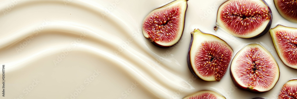 Creamy off-white milk with sliced figs and delicate fig ripples for a delightful background Creamy off-white milk with sliced figs and delicate fig ripples for a delightful background
