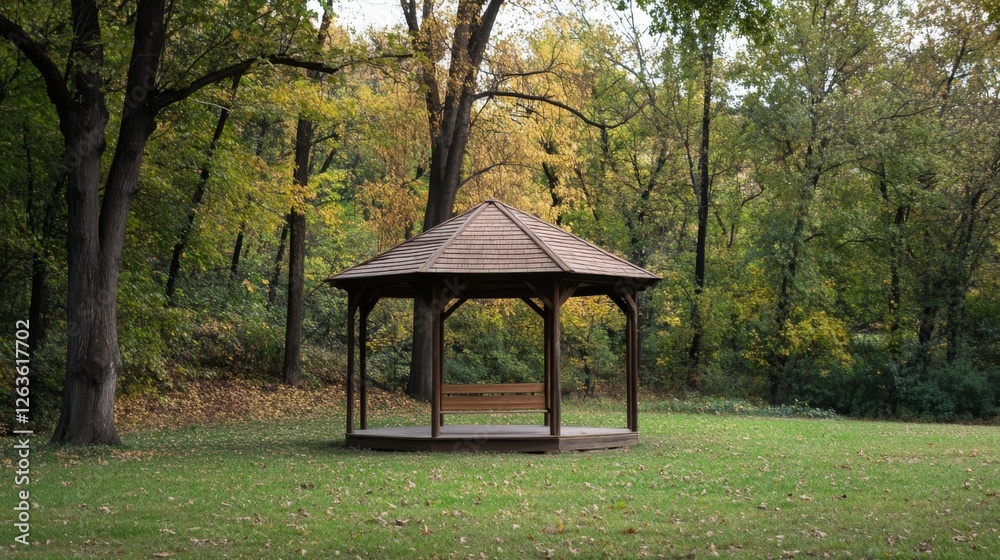 Wooden Gazebo in Autumn Park, Peaceful Scene, Outdoor Relaxation Wooden Gazebo in Autumn Park, Peaceful Scene, Outdoor Relaxation