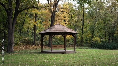 Wooden Gazebo in Autumn Park, Peaceful Scene, Outdoor Relaxation