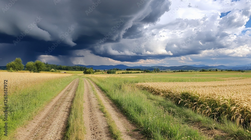 Stormy sky over rural field, dirt road. Landscapes Stormy sky over rural field, dirt road. Landscapes
