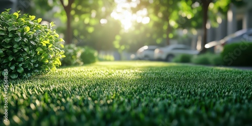 Lush green lawn with sunlight filtering through trees in a serene neighborhood setting during early morning photo