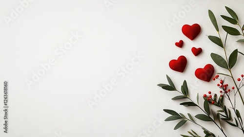   A collection of crimson hearts arranged atop a pristine wall adjacent to a verdant plant bearing scarlet berries photo