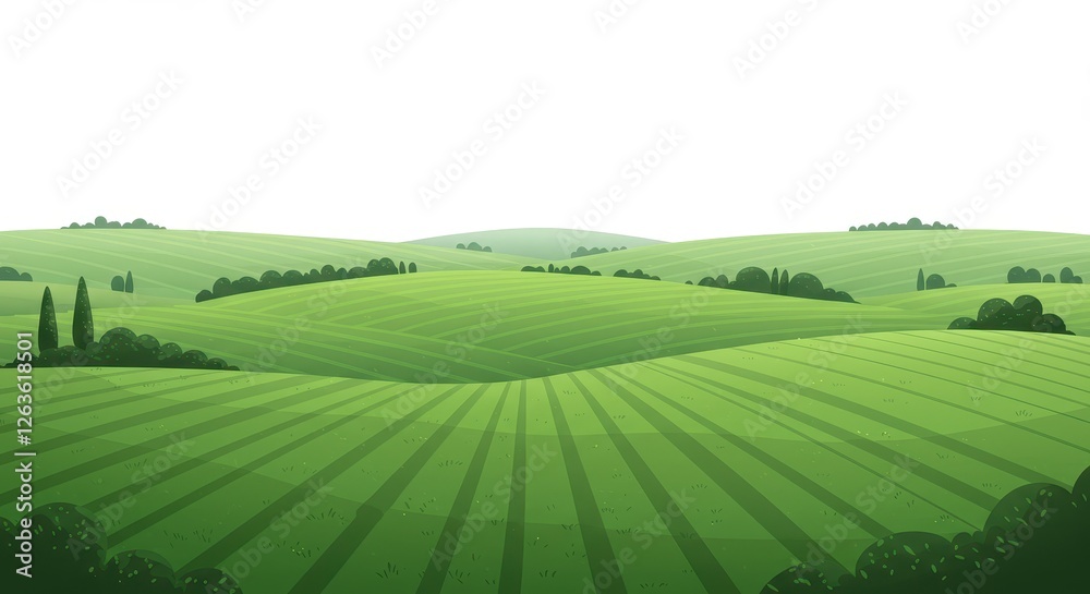 Naklejka premium A beautiful flat illustration of a vast countryside with rolling green hills stretching towards the horizon