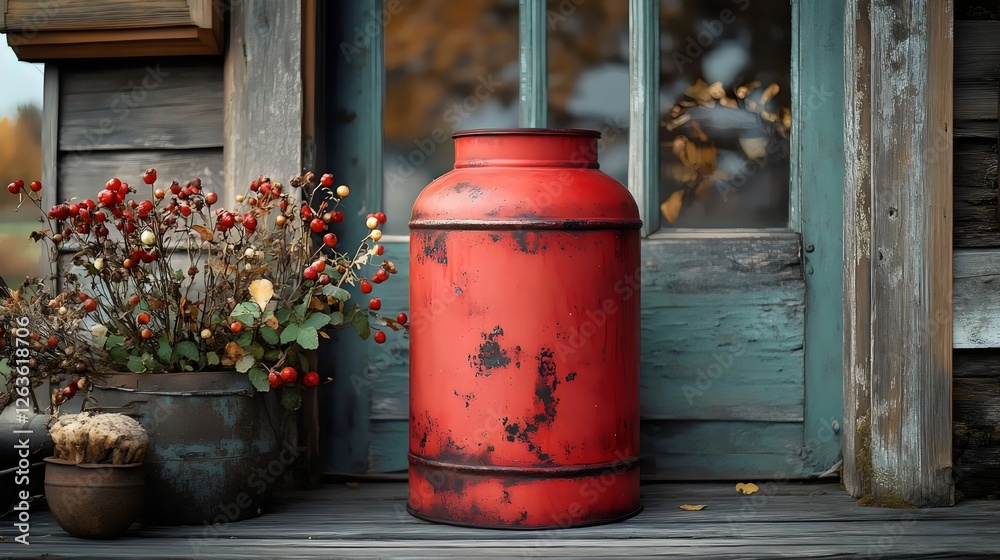 A red metal container sits on a porch next to a potted plant A red metal container sits on a porch next to a potted plant