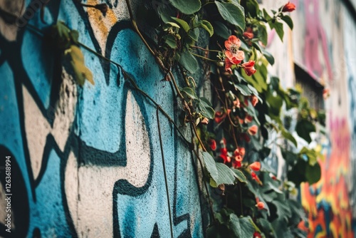 Fototapeta Naklejka Na Ścianę i Meble -  A graffiti - covered wall with vines and flowers growing chaotically over it