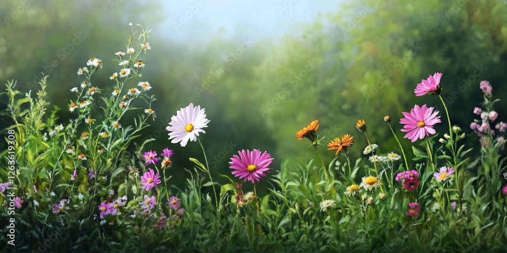 Obraz premium Summer wildflowers meadow, scenic background, nature