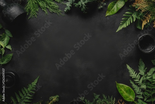 Wallpaper Mural Natural greenery arranged on a dark flat lay background with various plants and decorative elements Torontodigital.ca