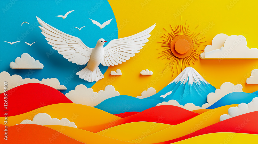 Obraz premium Papercut Illustration of a Peace Dove Flying Over Colorful Mountains