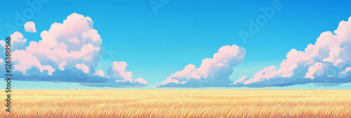 Endless golden wheat fields under a bright blue sky with fluffy white clouds photo