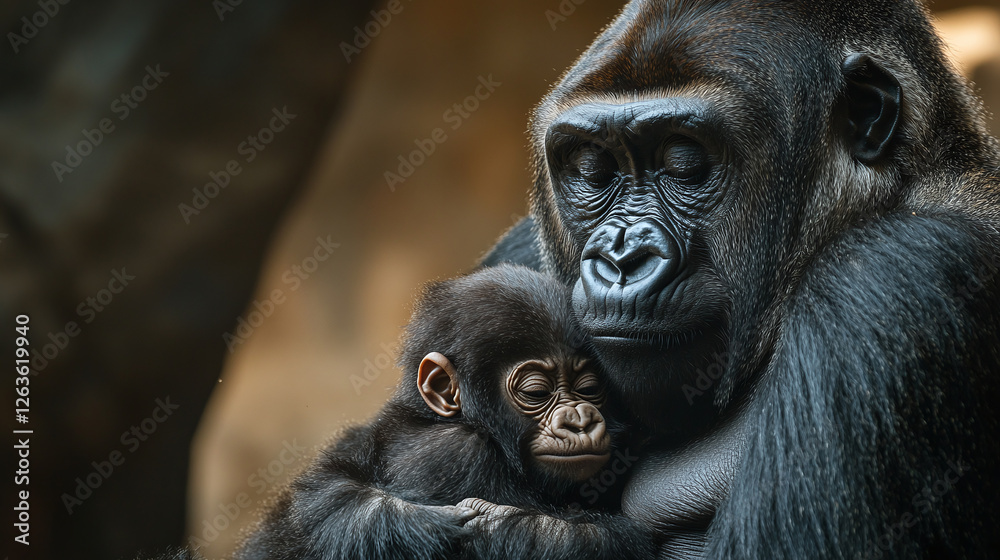 Closeup of a gorilla mother with its baby in the tropical rainforest. Closeup of a gorilla mother with its baby in the tropical rainforest.