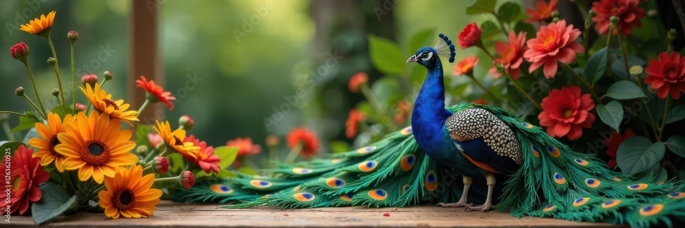 Peacock in a floral arrangement on a wooden table, wooden table, natural Peacock in a floral arrangement on a wooden table, wooden table, natural