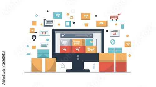 Online shopping and e-commerce concept with computer screen, packages, and shopping carts.