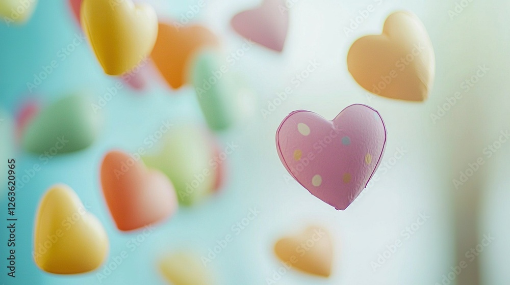 Obraz premium A close-up heart dangles on a string Other hearts fly past in the foreground against a blue backdrop