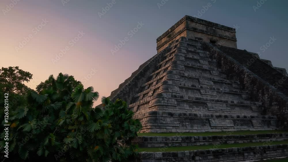 Ancient pyramid at sunset with dramatic sky and lush greenery surrounding stone structure Ancient pyramid at sunset with dramatic sky and lush greenery surrounding stone structure