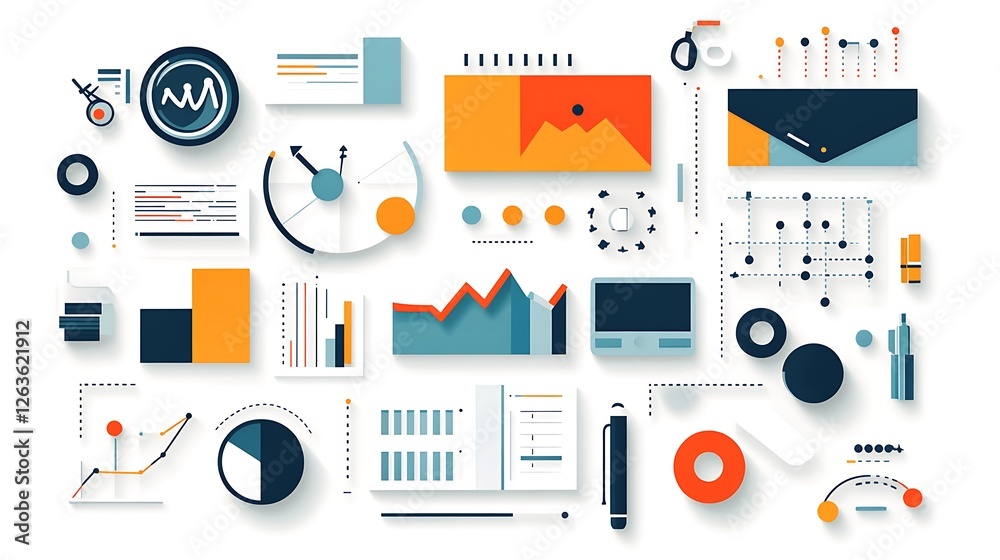 Data visualization charts, graphs, and diagrams for business analytics and market research.