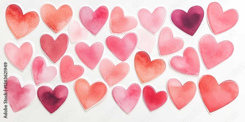 A captivating watercolor scene of layered pink and red hearts in harmony against a pristine white backdrop. Each heart gracefully overlaps beneath another in perfect symmetry, creating an enchanting v A captivating watercolor scene of layered pink and red hearts in harmony against a pristine white backdrop. Each heart gracefully overlaps beneath another in perfect symmetry, creating an enchanting v
