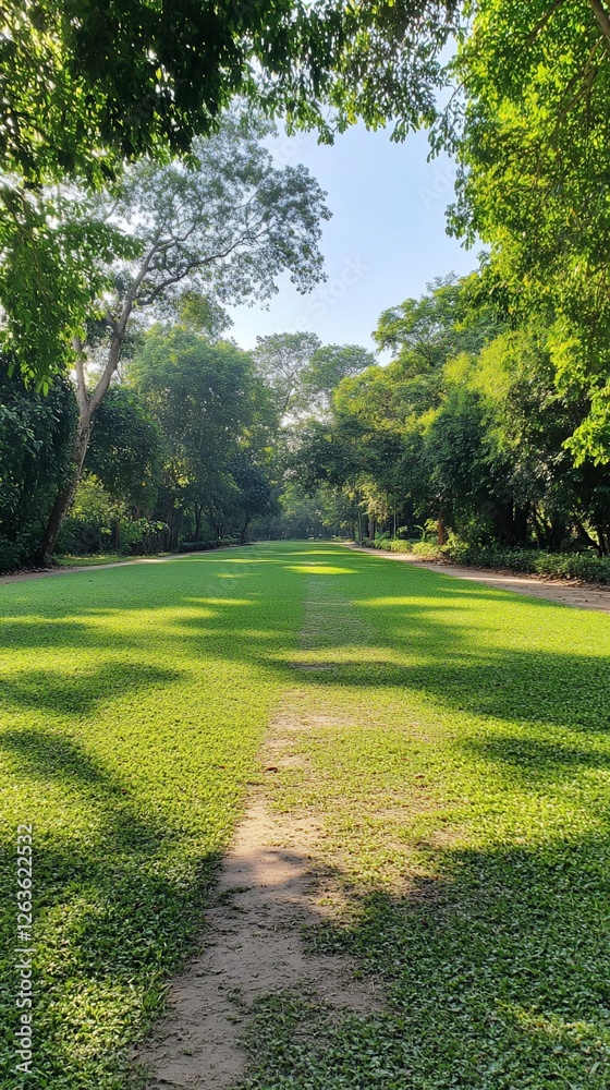 Fototapeta premium Sunlit park path, green grass, trees, tranquil scene, nature backdrop