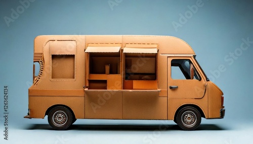 Cardboard food truck model showcases intricate design and craftsmanship
