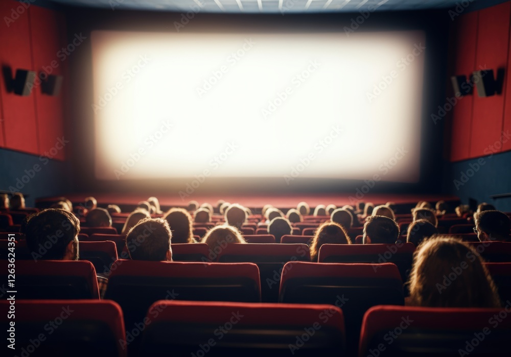 Fototapeta premium Audience watching a movie in a cinema with a bright screen