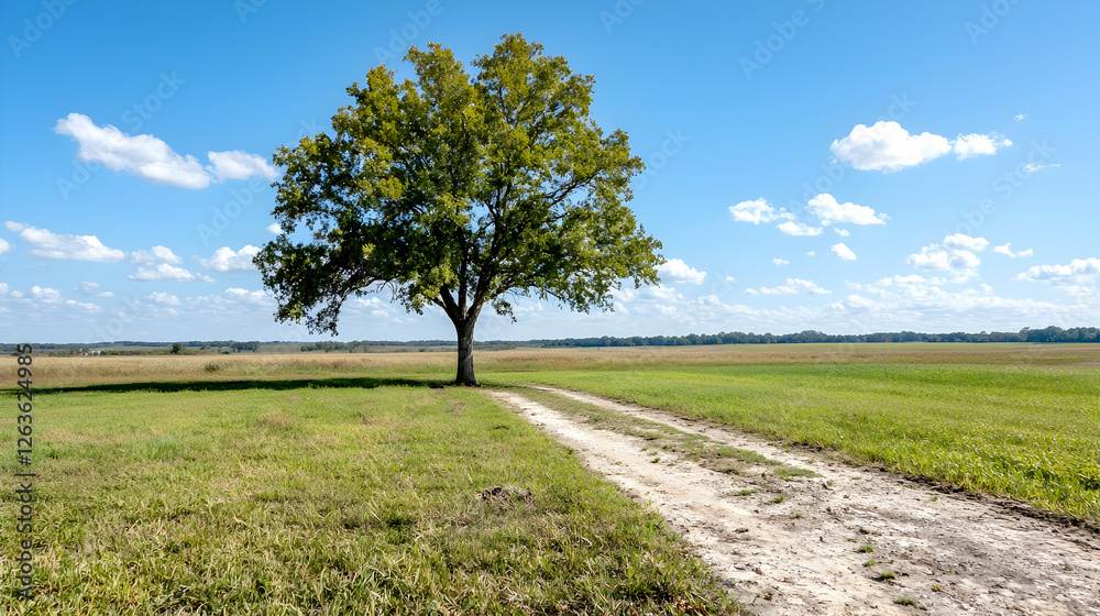Lone tree on rural road, sunny day, farmland background, peaceful landscape, nature photography Lone tree on rural road, sunny day, farmland background, peaceful landscape, nature photography