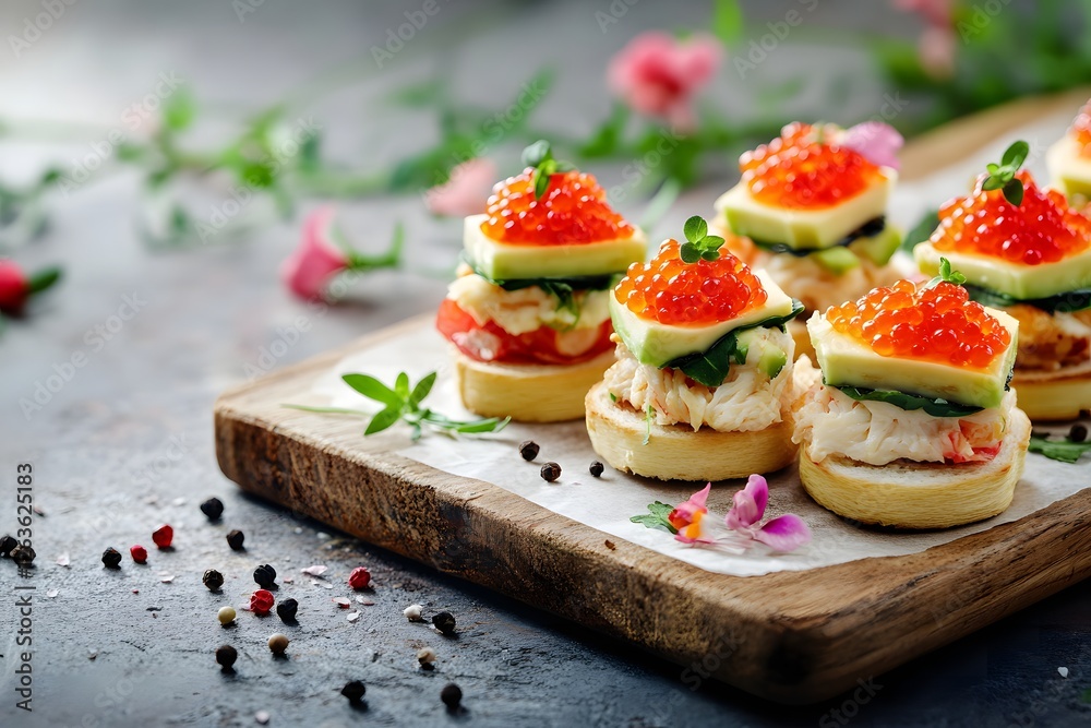 Mini sandwiches with crab meat, a slice of avocado, and red caviar. Mini sandwiches with crab meat, a slice of avocado, and red caviar.