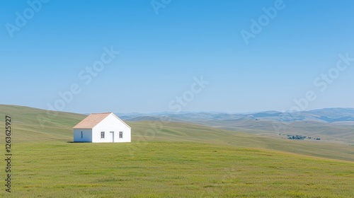 Small white house stands alone on a vast green grassy hill under a clear blue sky.