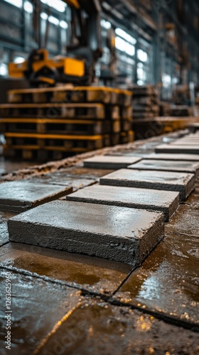Workers pour concrete into molds while the machinery vibrates to ensure proper consistency and curing of pavers in a manufacturing facility. An efficient process visible amidst industrial equipment.