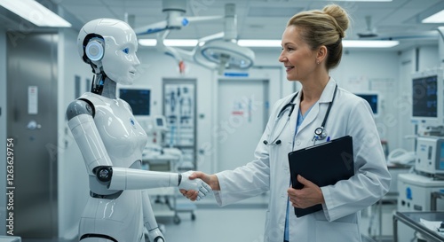 Woman doctor in white coat shakes hands with humanoid robot in modern hospital. Artificial intelligence technology in medicine. Healthcare innovation. Robotic assistant in medical facility.