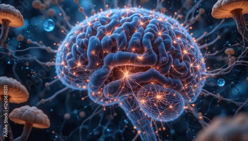 Futuristic glowing human brain surrounded by neural connections and bioluminescent mushrooms in a dark space symbolizing artificial intelligence science and advanced technology themes