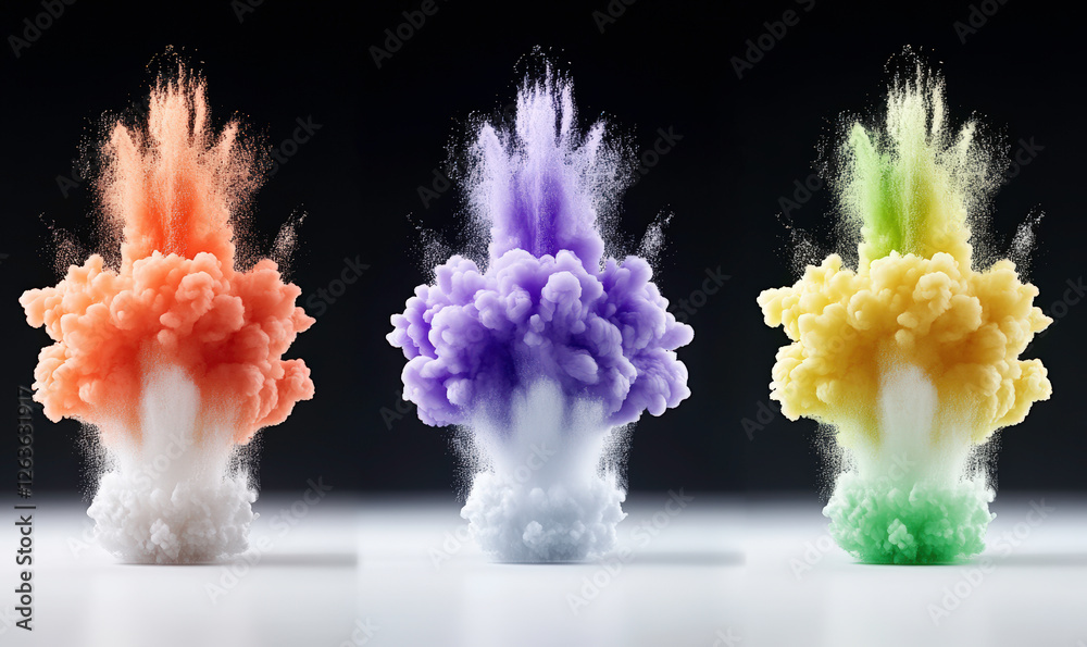 Fototapeta premium Colorful Smoke Explosion in Three Different Shades of Orange, Purple, and Green Clouds on a Black Background with Fine Particles