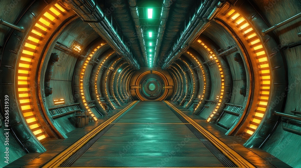 Futuristic tunnel corridor, glowing lights, industrial design. Possible use 3D rendering of sci-fi interior Futuristic tunnel corridor, glowing lights, industrial design. Possible use 3D rendering of sci-fi interior