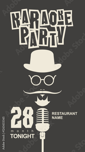 man face with a mustache and wearing a hat and glasses with a microphone and an inscription karaoke party in hipster style