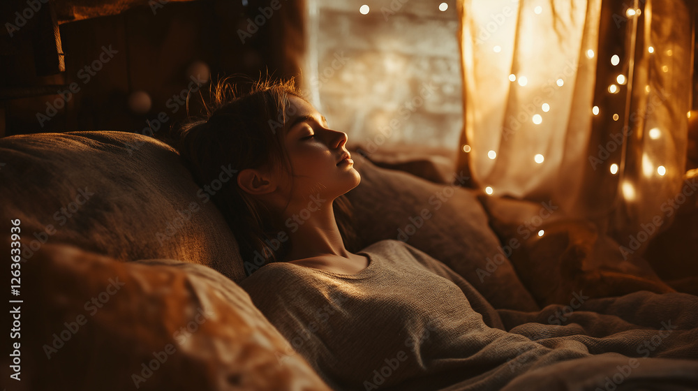 Teen breathing deeply in a cozy room surrounded by cushions, warm and soft light, mental clarity theme, cozy indoor photography Teen breathing deeply in a cozy room surrounded by cushions, warm and soft light, mental clarity theme, cozy indoor photography