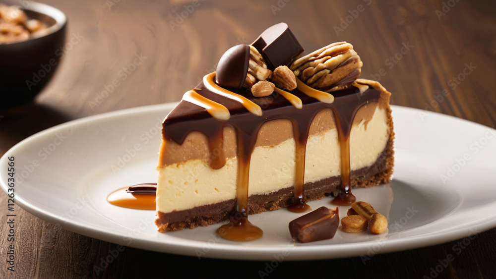 Snickers Cheesecake with Chocolate, Caramel, and Peanuts – A Decadent 4K Dessert Photography Showcasing the Perfect Blend of Creamy and Crunchy Textures Snickers Cheesecake with Chocolate, Caramel, and Peanuts – A Decadent 4K Dessert Photography Showcasing the Perfect Blend of Creamy and Crunchy Textures