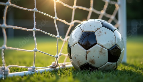 Dirty soccer ball caught in goal net on a grassy field.