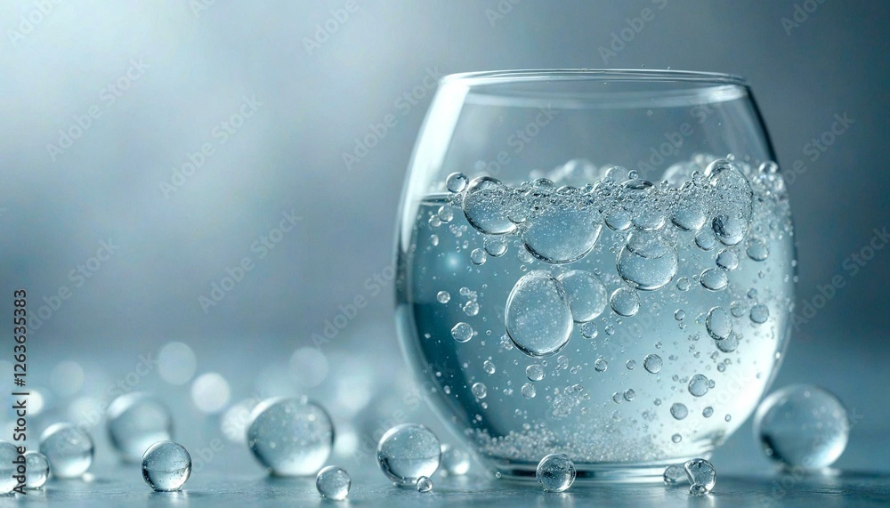 Monochrome Glass with Water and Bubbles on Reflective Surface