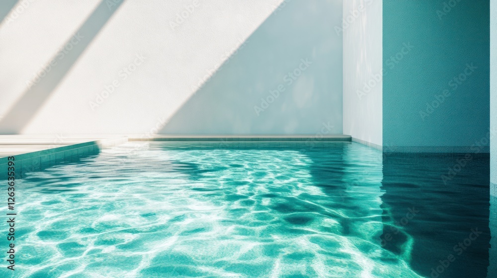 Obraz premium Indoor swimming pool with light blue water, white walls and large windows. The sun shines into the room through the windows onto the water's surface, creating gentle ripples