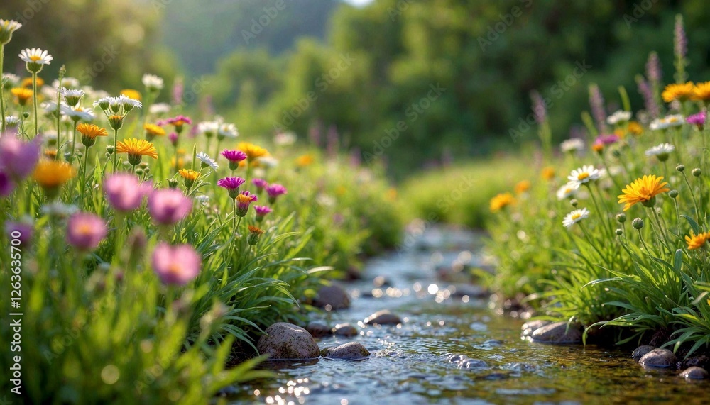 Obraz premium Stream Through Lush Forest with Colorful Flowers