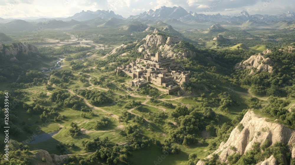Fototapeta premium Ancient City nestled in a valley, aerial view, sunlight, idyllic landscape