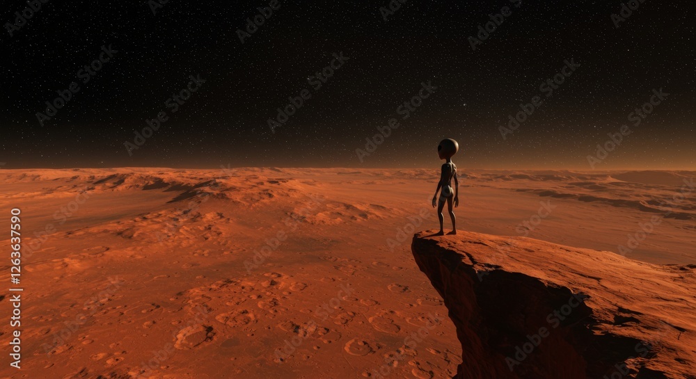 Fototapeta premium Alien Martian looking over a cliff, Mars Red Planet Landscape, Outer Space Sci-Fi Science Fiction Intergalactic