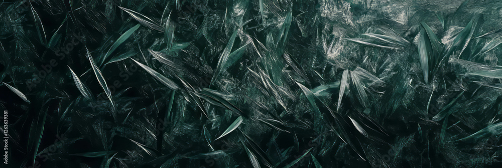Dark green rough grass with coarse blades and deep shadows across uneven terrain Dark green rough grass with coarse blades and deep shadows across uneven terrain