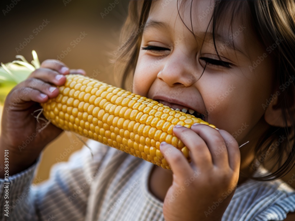 Happy child enjoying a fresh ear of corn, capturing the joy of simple pleasures Happy child enjoying a fresh ear of corn, capturing the joy of simple pleasures